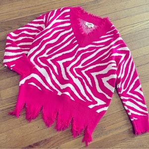 ADORA Zebra Print Hot Pink/White Distressed Hem Sweater Size Small
